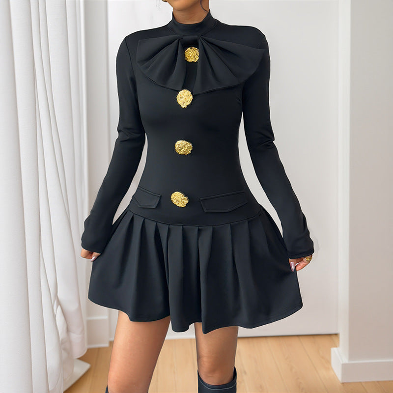 European and American  new  elegant sweet wind bow button decoration semi-turtleneck long-sleeved autumn dress