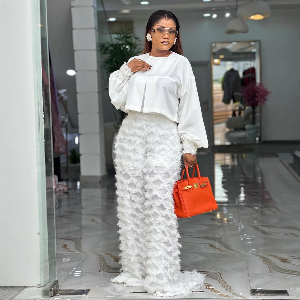 European and american cross-border women's fashion  spring new arrival: elegant round neck lantern sleeve blouse and wide-leg pants set
