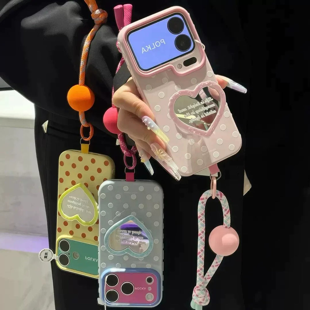 Suitable for apple 17promax mobile phone case polka dot love mirror holder color ball lanyard iphone18 soft case 15
