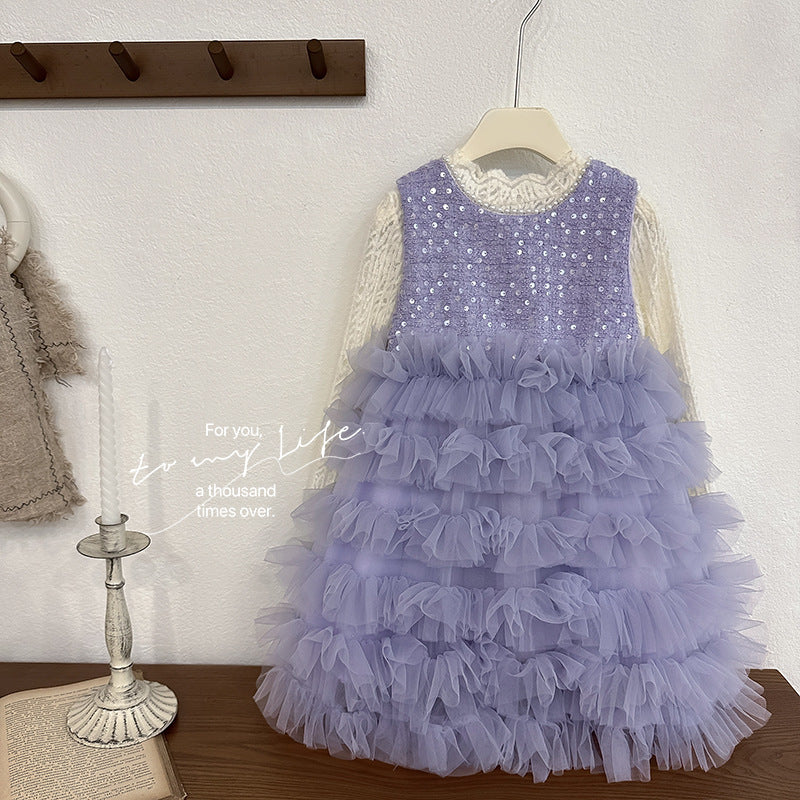 Girls' dress - spring  new korean style sweet tutu dress with lace top and underskirt