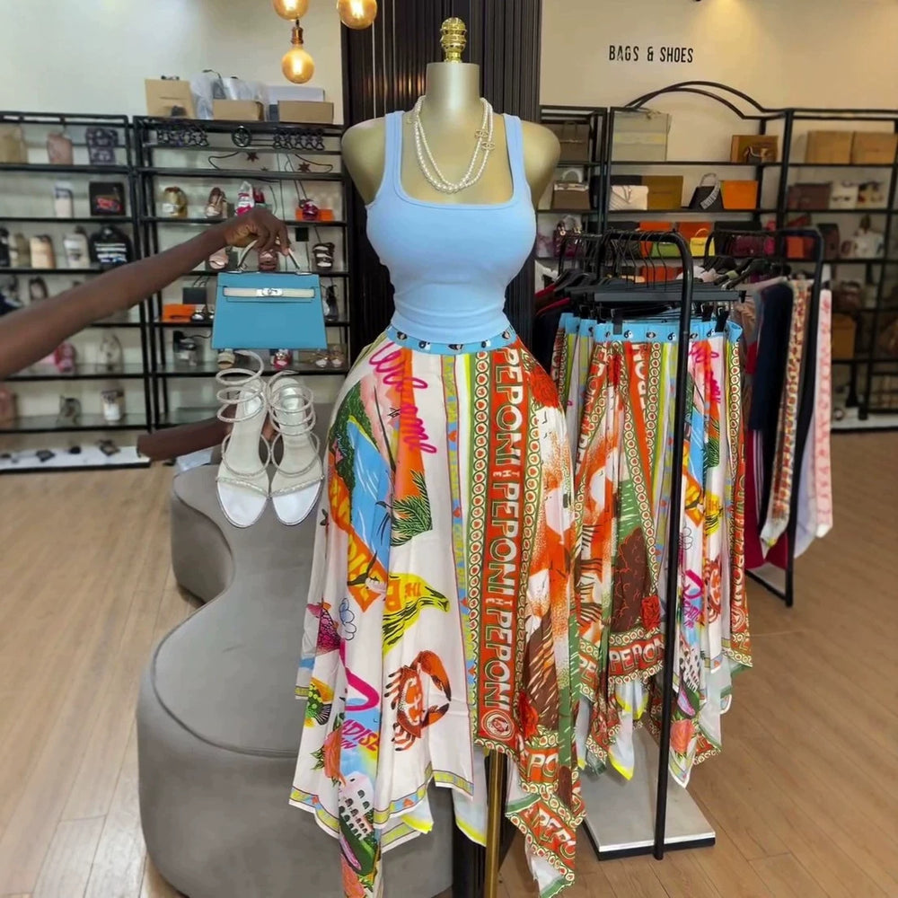 European and american cross-border women's fashion:  summer new arrivals - high-waisted, slimming, printed, asymmetrical skirt for vacation style