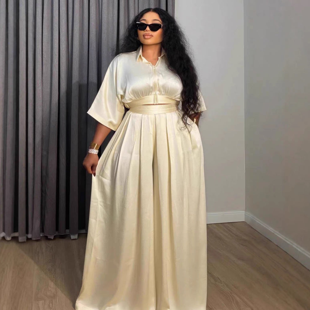 Fashion cross-border women's clothing  summernew arrivalelegantpure colorshort lapel shirt high waist shirred pants suit