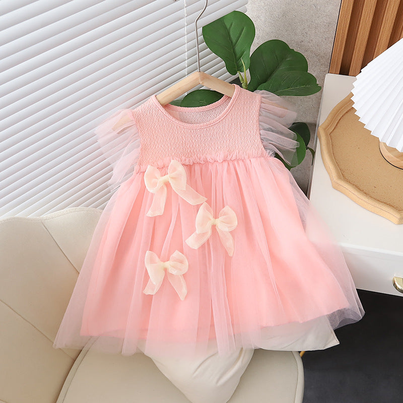 Girls' dress with flutter sleeves, summer baby girl mesh tutu dress, super fairy princess dress, performance bow trendy style