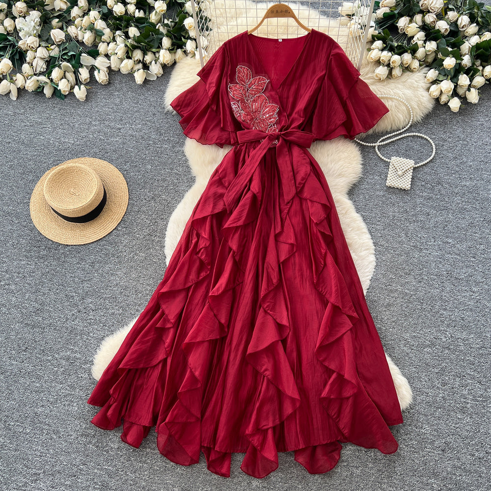 French chic v-neck flutter sleeve dress - new  collection: slimming, figure-flattering, ruffle hem maxi dress for an elegant and refined look