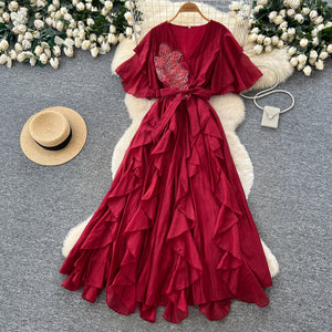 French chic v-neck flutter sleeve dress - new  collection: slimming, figure-flattering, ruffle hem maxi dress for an elegant and refined look