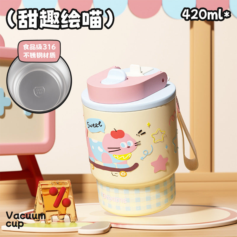 Kids' cartoon double-drink insulated mug, 316l stainless steel coffee cup, stylish design for girls, portable car water bottle with straw