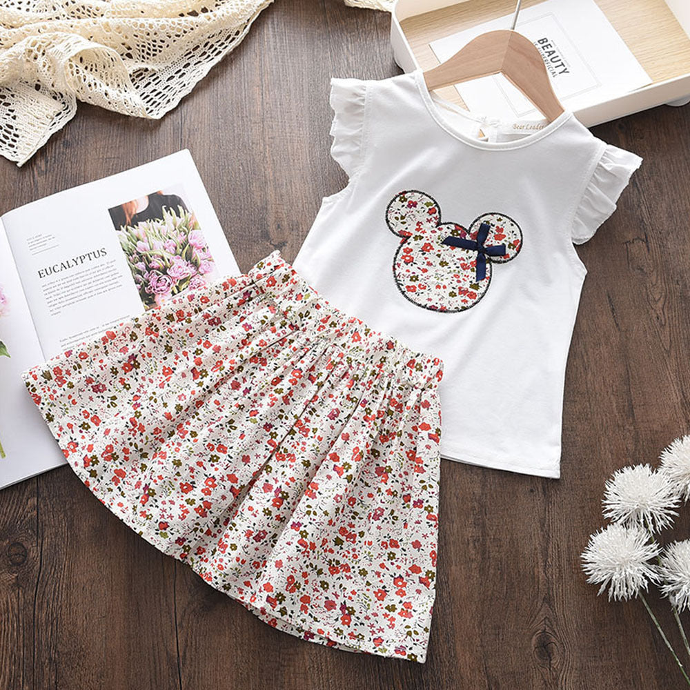 Girls'  summer new arrival cross-border set: cartoon lightweight flutter sleeve top & floral print midi skirt - toddler two-piece outfit