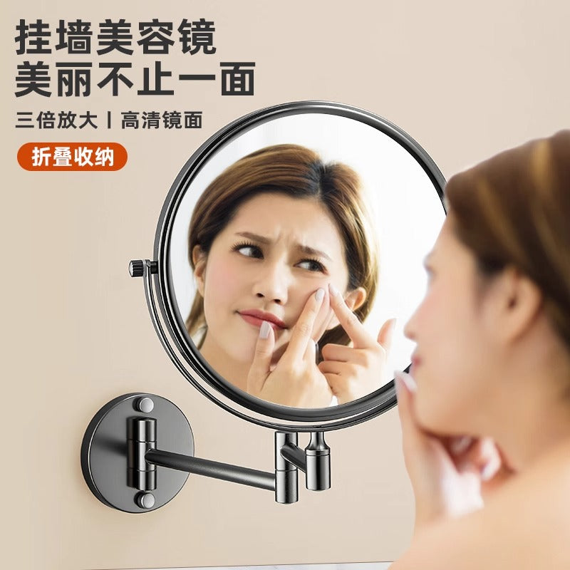 Wall-mounted makeup mirror, beauty mirror, cross-border bathroom folding double-sided magnifying round mirror, hotel bathroom vanity mirror