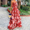 cross-border e-commerce women's fashion: european and american summer new arrivals - vacation-ready printed cami top and tiered maxi skirt set