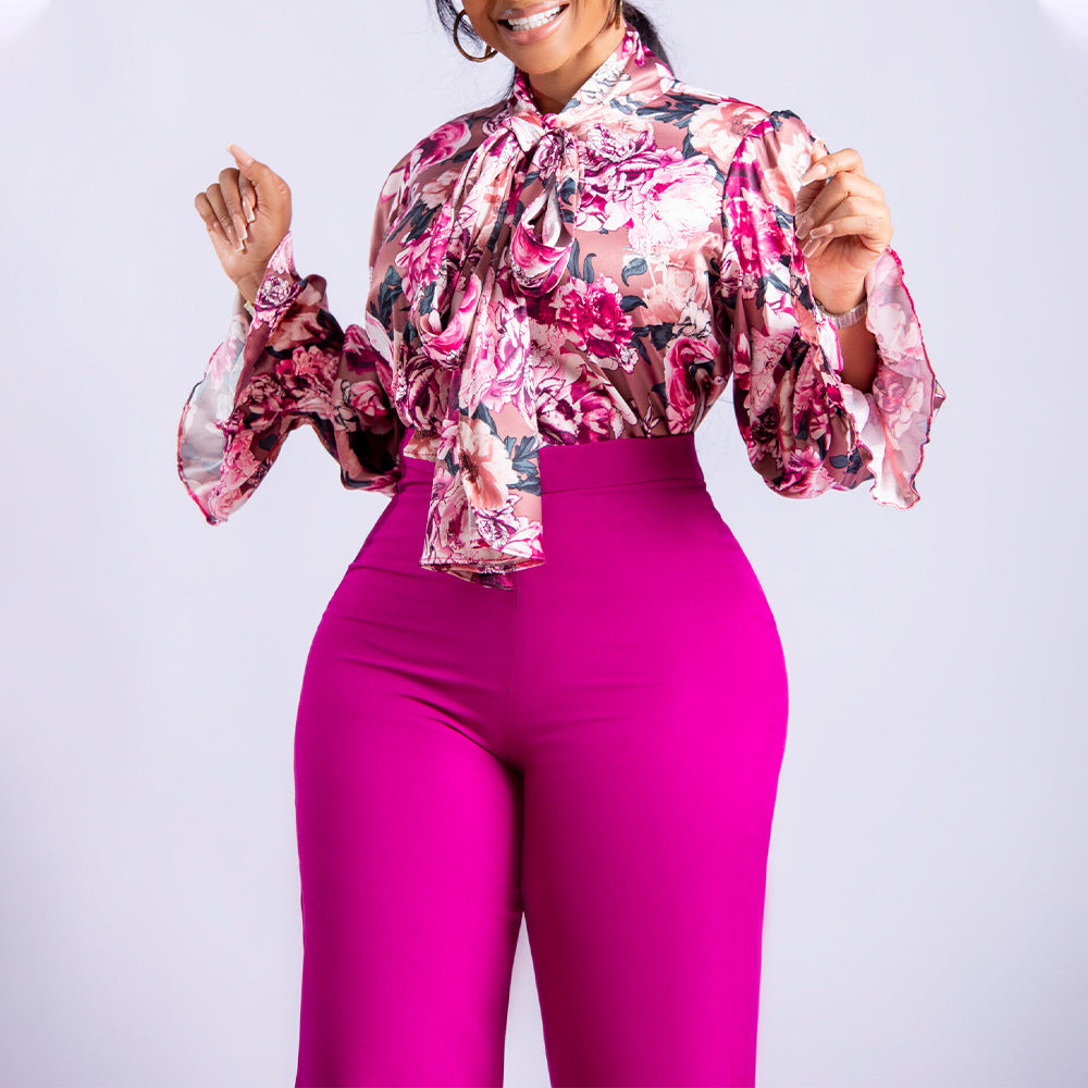 D316 european and american style women's clothing  autumn/winter loose plus size casual printed long sleeve shirt and wide leg pants cross-border two-piece set