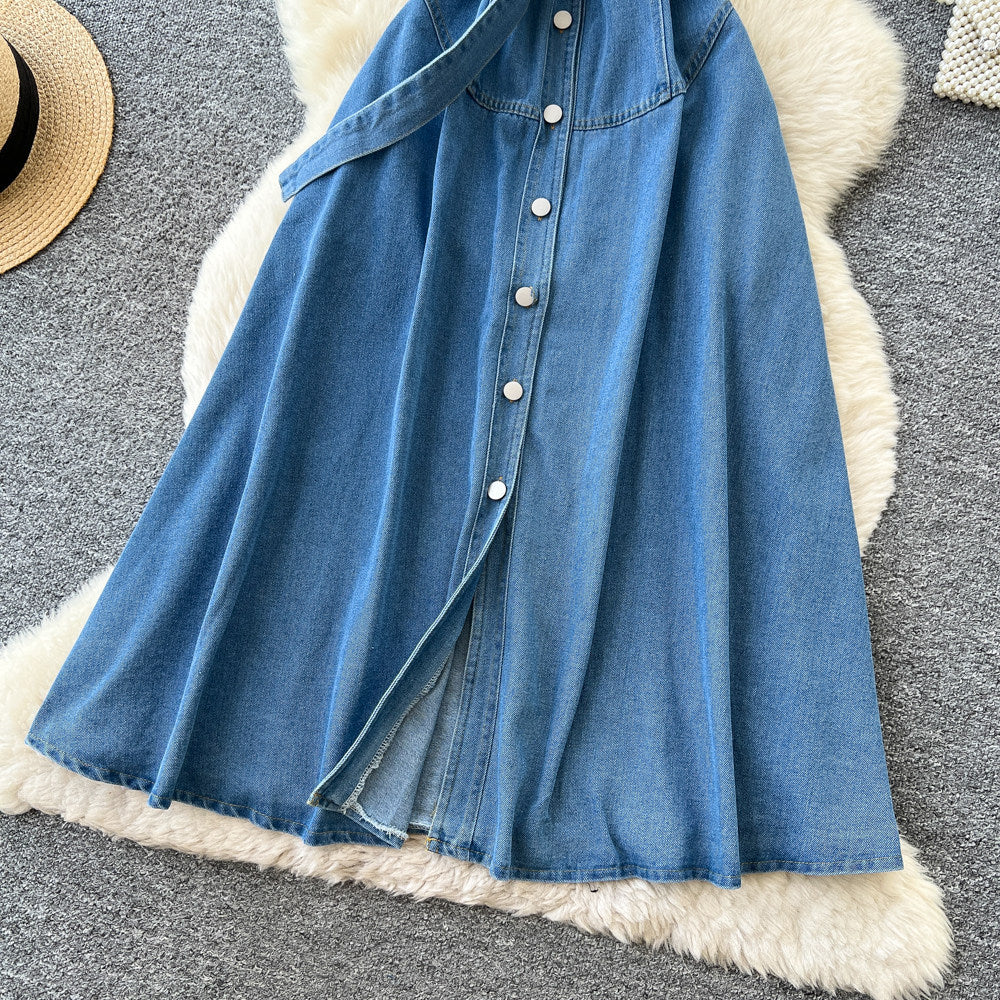 K-styleclassy lapel sleeveless single-breasted waist denim dress women's summerslimming lookeleganceelegance long skirt