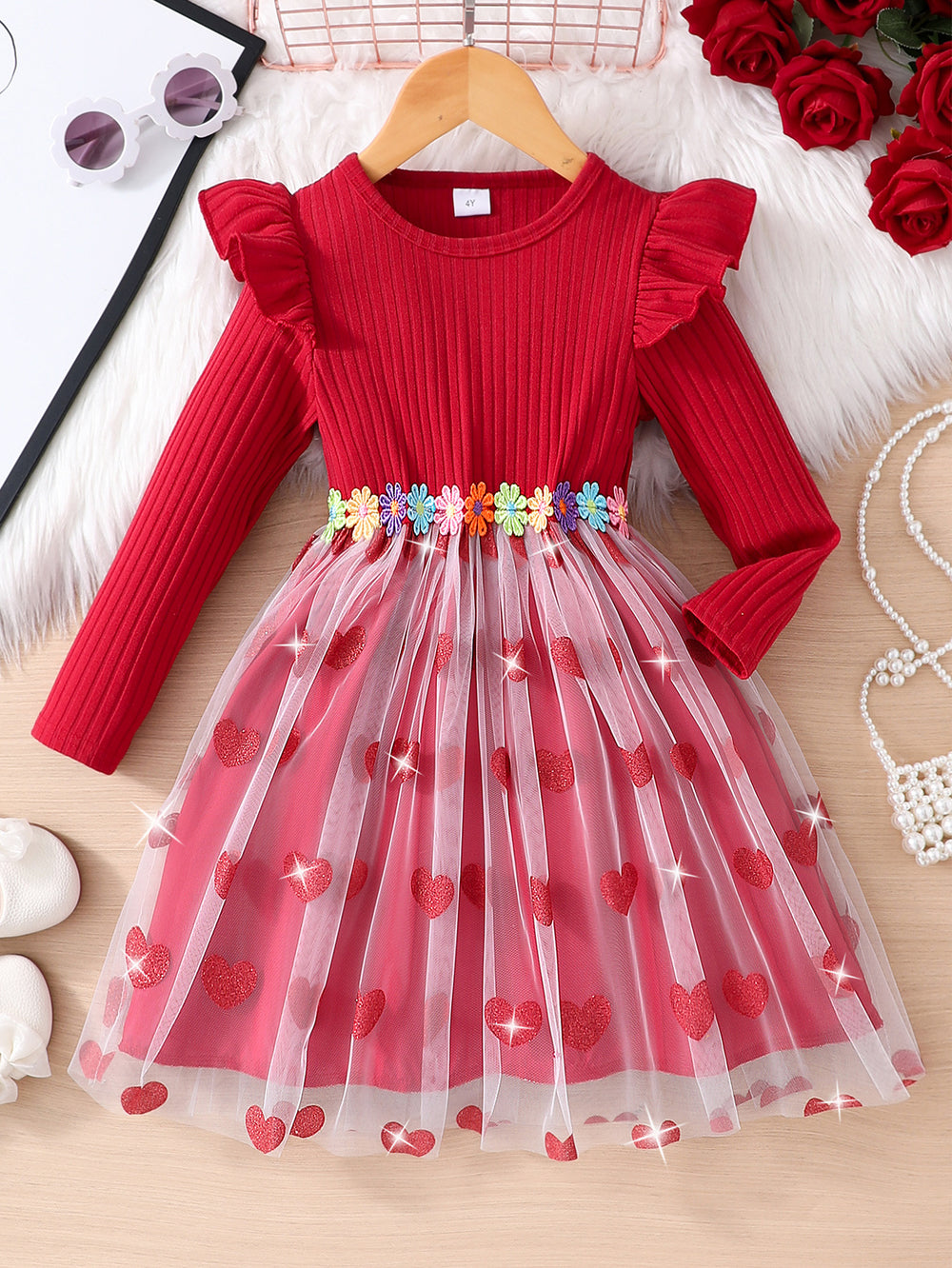 Kids' long-sleeve ribbed knit dress with lace trim and heart-shaped mesh detail