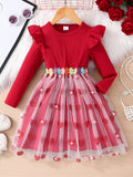 Kids' long-sleeve ribbed knit dress with lace trim and heart-shaped mesh detail