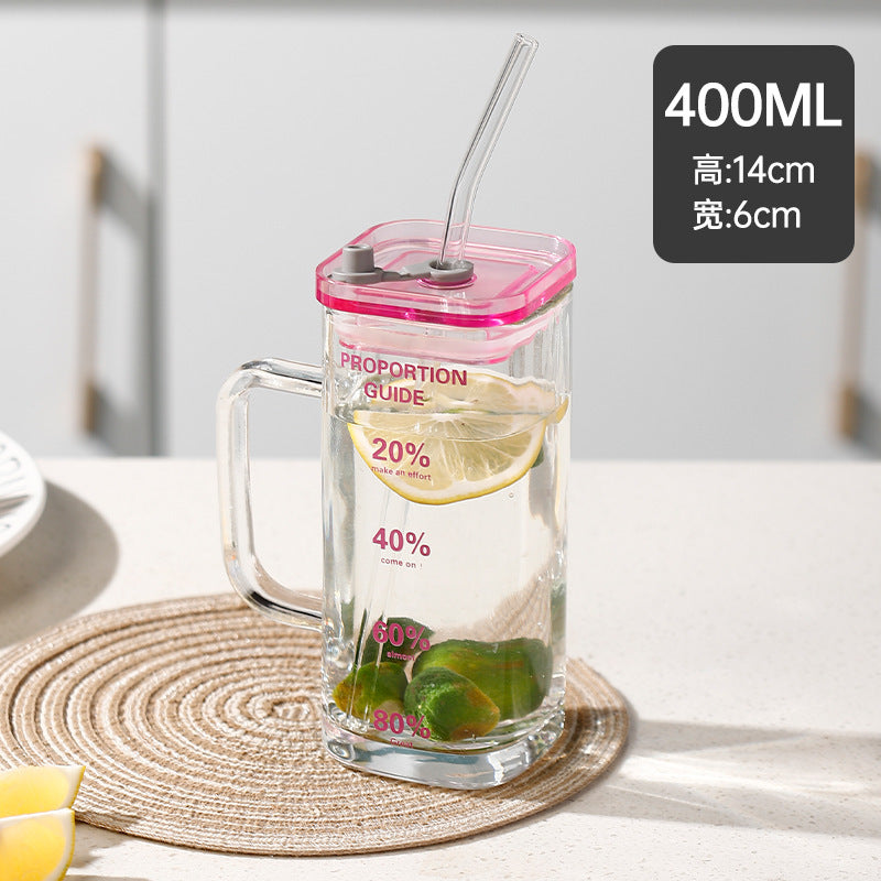Square glass light luxury with bamboo cover juice cold drink cup household straw cup high value fruit teacup activity gift