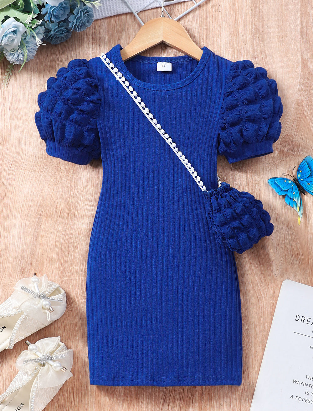 Kids' lightweight bubble sleeve short-sleeve crew neck solid color dress with bubble detail