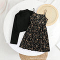 Girls' european and american style trendy solid color cropped jacket + black floral print cami dress two-piece set