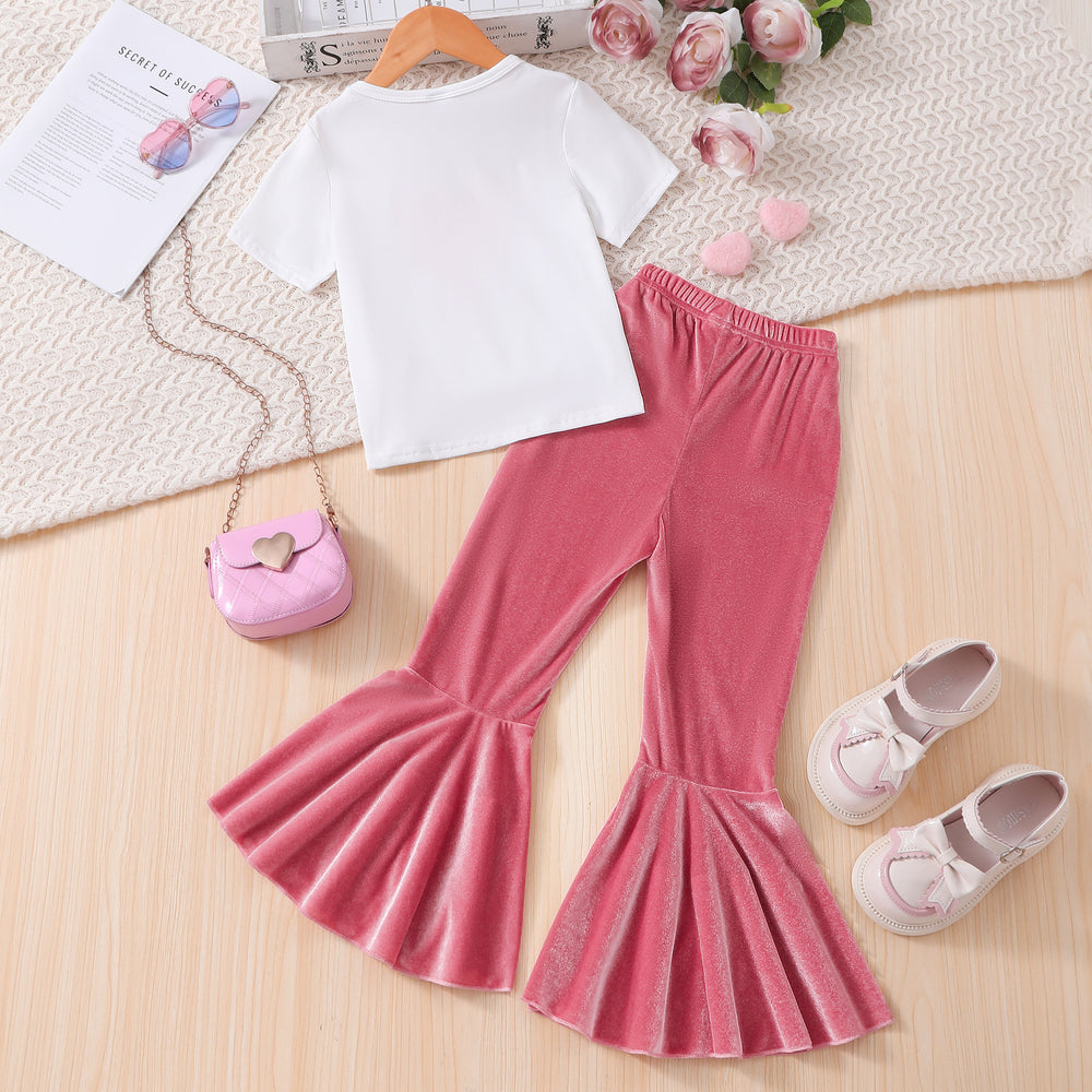 Girls' outfit set: pearl heart short-sleeve top + flare pants set
