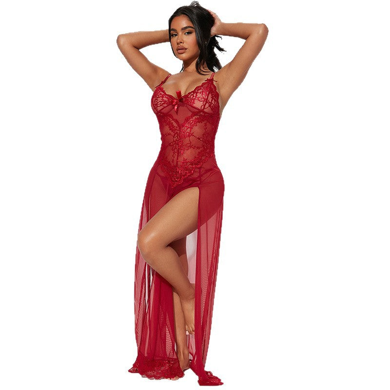 Dcheux european and american cross-border hot-selling wholesale sexy nightgown lace hollow see-through large size long skirt can be customized