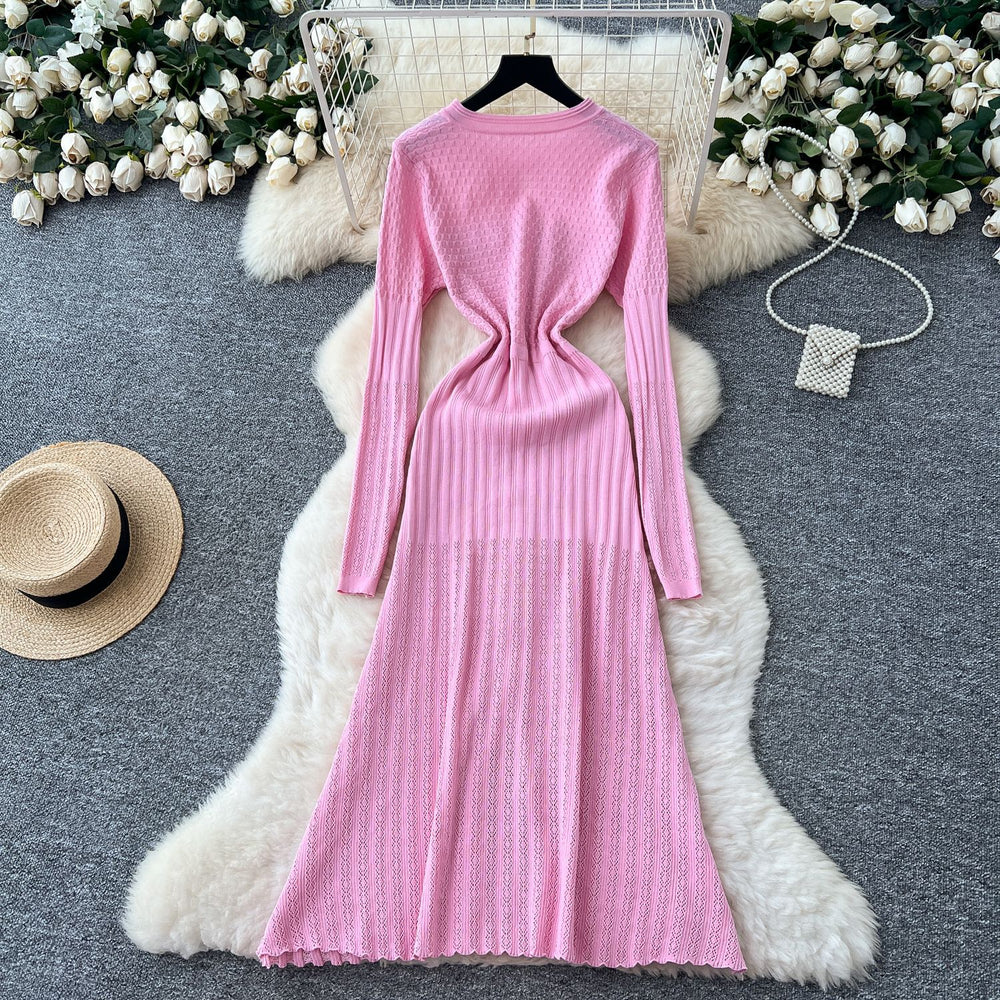 French chic metallic buckle waist dress - women's 2025 autumn slimming elegant hollow-out knit maxi dress