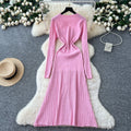 French chic metallic buckle waist dress - women's 2025 autumn slimming elegant hollow-out knit maxi dress