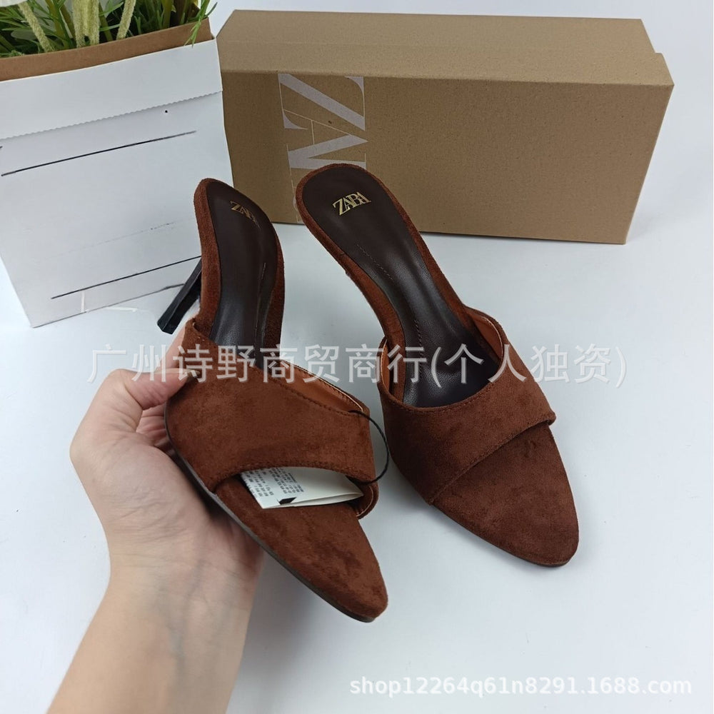Za2024summernew arrival suede round toe open toe stiletto sandals women's fashioneasiest for matchelegance sheep suede casual