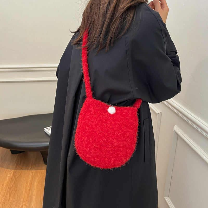 New cute plush bag autumn and winter fashion versatile women's shoulder bag solid color simple going out messenger mobile phone bag