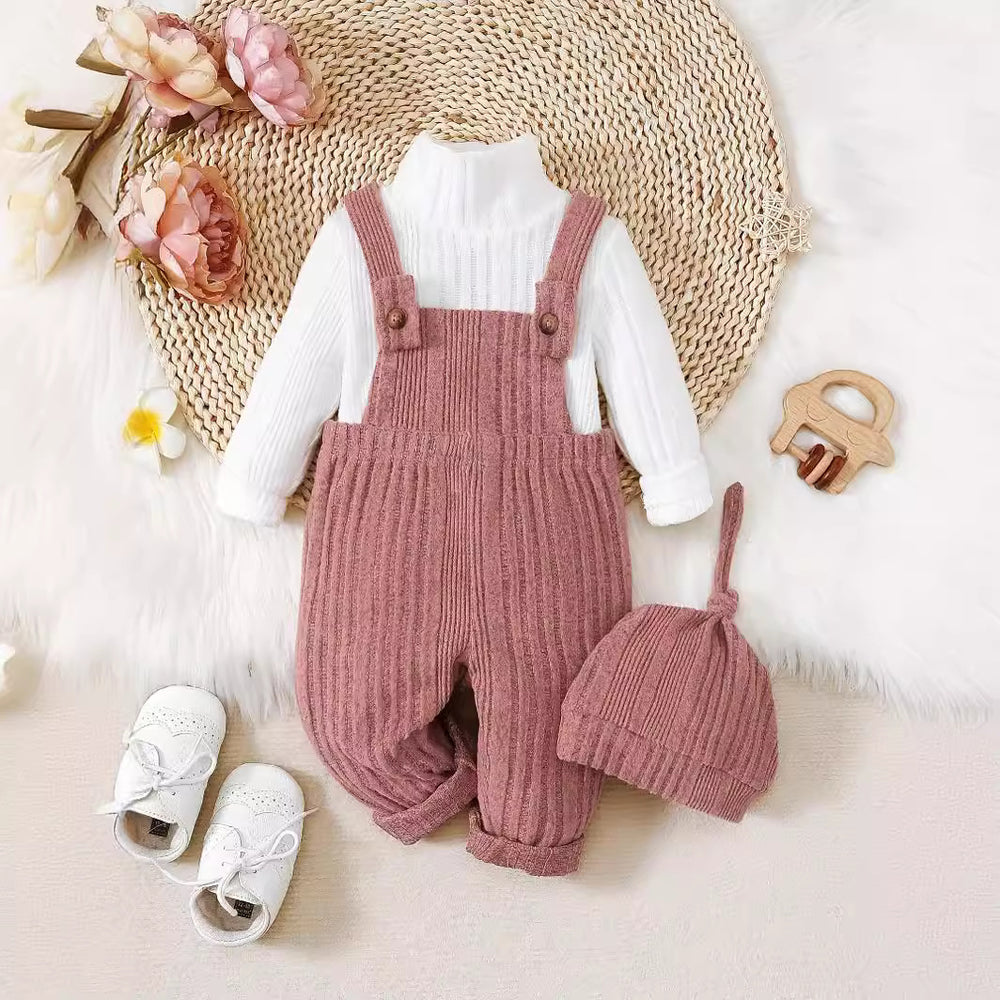 girl fashion style thickened brushed knitting turtleneck tops + overalls hat children's suit three-piece set