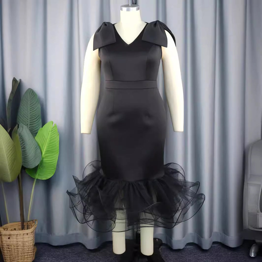 Am030318 new v-neck sleeveless bow dress - designer style mesh gown dress