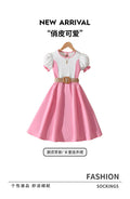 girls' dress - pink & white color block, bubble sleeves, belted waist, sweet princess style, summer children's skirt