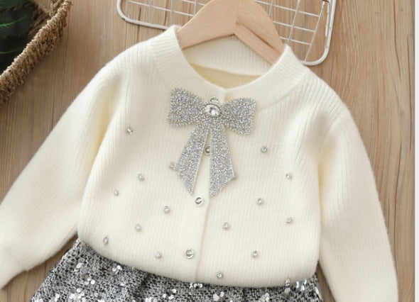 Girls' knitted sweater two-piece set: sequin bow cardigan and skirt outfit for little girls