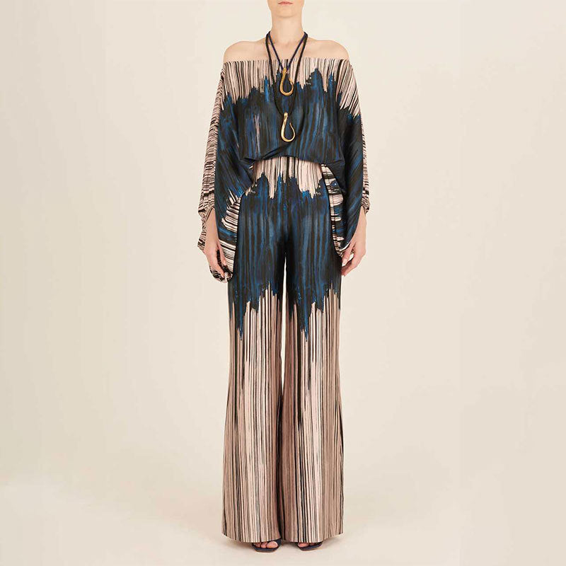 european and american women's fashion printed off-the-shoulder loose batwing sleeve cinched-waist wide-leg pants two-piece set, customizable