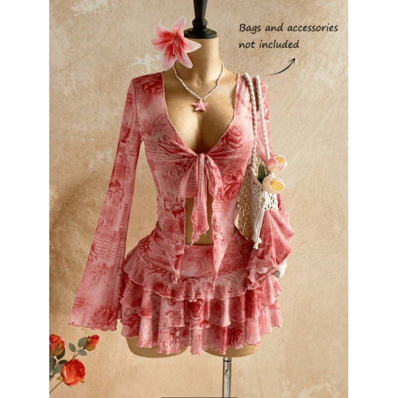Women's summer new retro floral print tie-waist long sleeve top and midi skirt two-piece set (accessories not included)