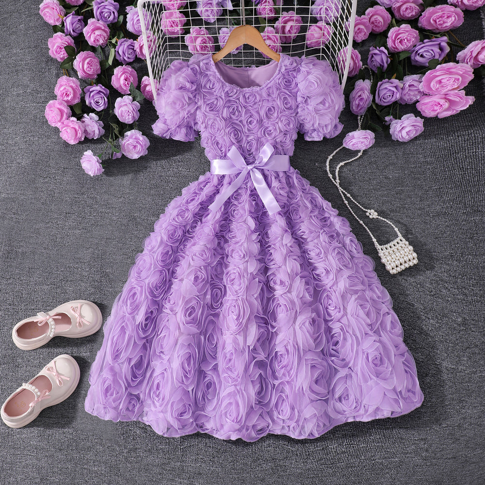 Girls' dress (sizes for mid-to-large children), 3d rose embellished dress + bow belt