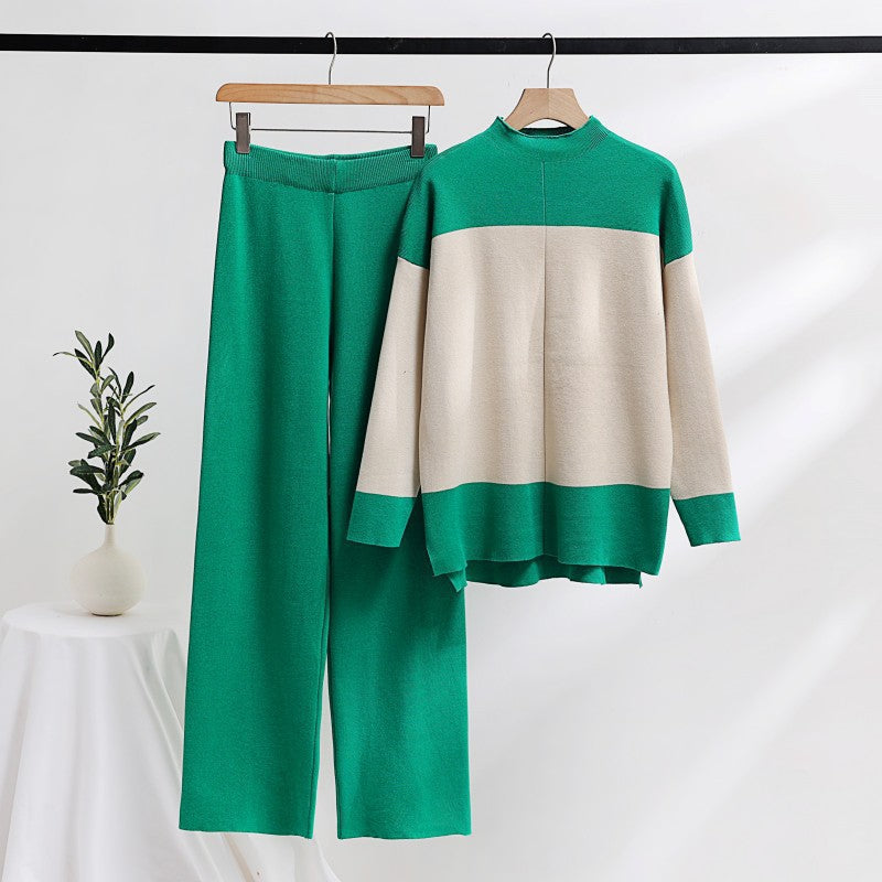 K-stylelong sleevesfashionsuit women's loose stand collar stripesknitting shirttopstwo-piece sethigh waiststraight-legloose pants
