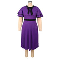 Plus size vintage elegant round neck bowknot pleated skirt double layer ruffle sleeve cinched waist party dress