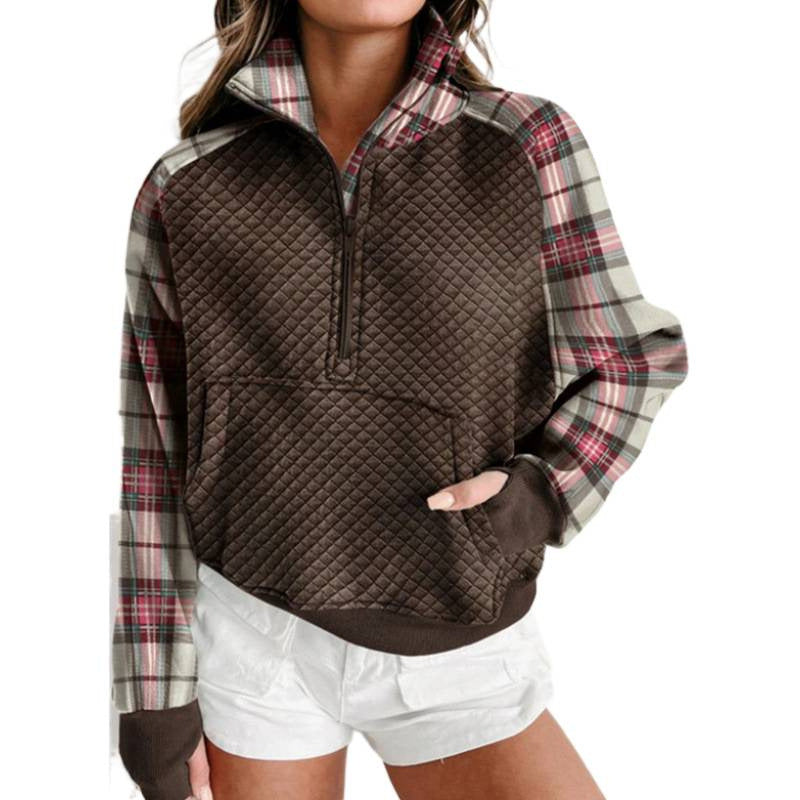 Shipped: women's plaid sleeve quilted half-zip sweatshirt - stand collar patch pocket, perfect for autumn and winter