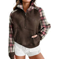 Shipped: women's plaid sleeve quilted half-zip sweatshirt - stand collar patch pocket, perfect for autumn and winter