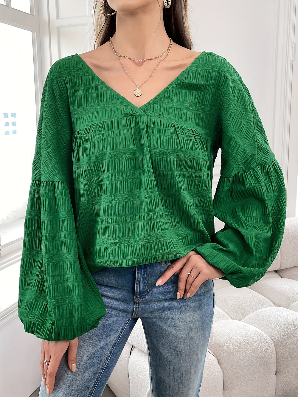 73-73003#  cross-border women's fashion ins style elegant solid color long sleeve plus size blouse