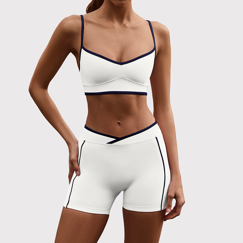 High-waisted, figure-hugging, color-blocked, cross-border camisole, shockproof, push-up, high-waisted, butt-lifting running and fitness shorts yoga set for women