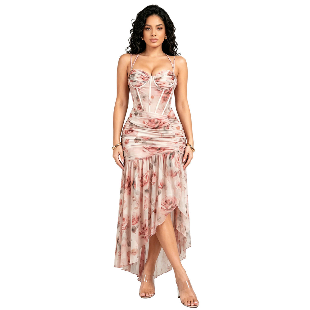 C7753 cross-border    new women's french floral suspender mesh party dress
