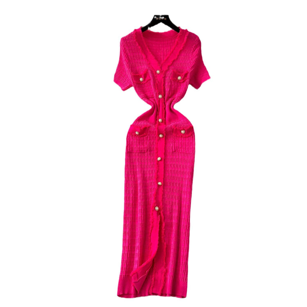 Exportelegance tweed styleretrov neck metal single breasted silmslimming lookelegant hip covering knittingdress spring