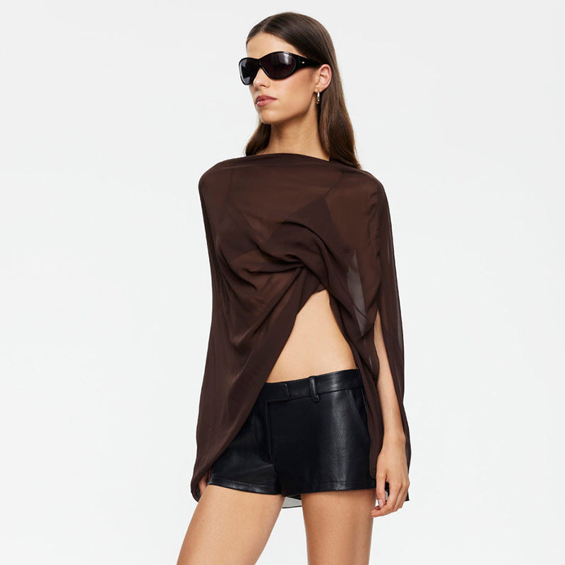 women's fashion: european and american summer new arrivals - solid color, sexy, sheer blouse with a round neck, short sleeves, and asymmetrical chiffon top
