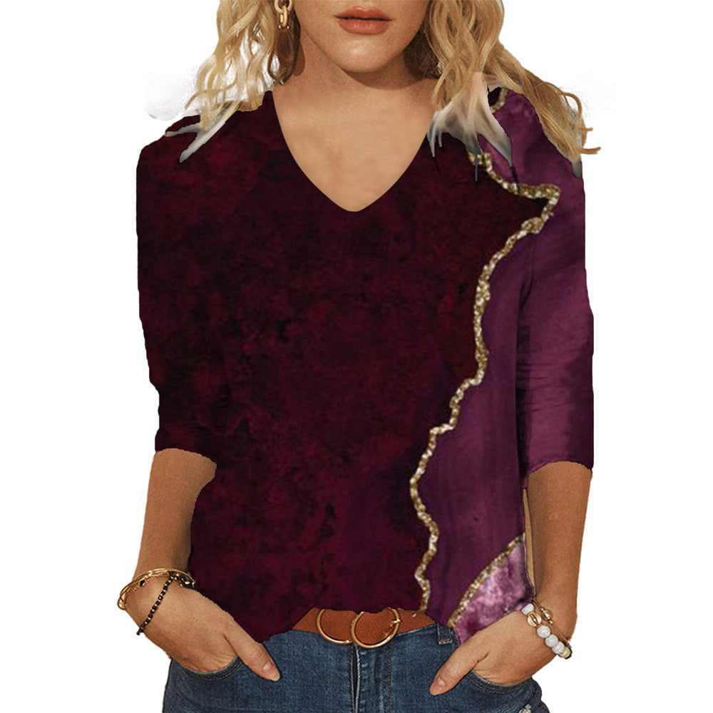 2025 cross-border amazon women's casual printed v-neck 3/4 sleeve t-shirt top - in stock