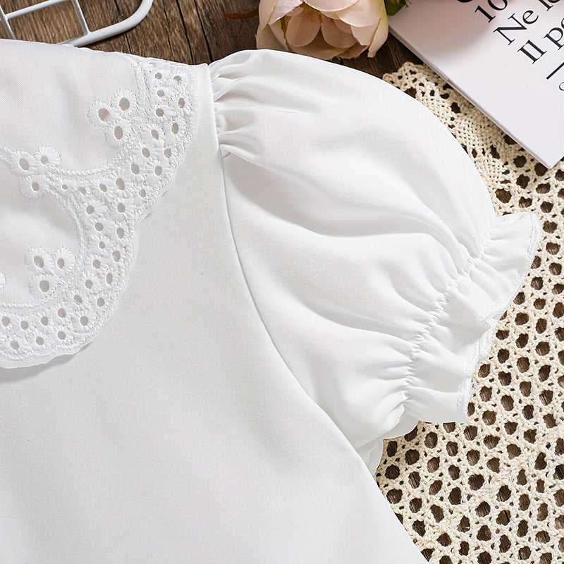 Summer girls' blouse - cross-border supply - pure white peter pan collar puff sleeve cute t-shirt top for young children