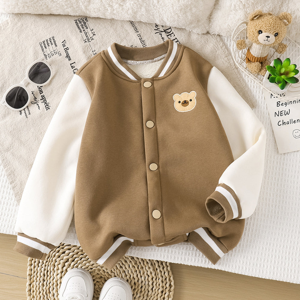 kidsjacketfall and winterheattechthickenedkhaki colorbearembroidercasualcutegirl baseball uniformoutwear