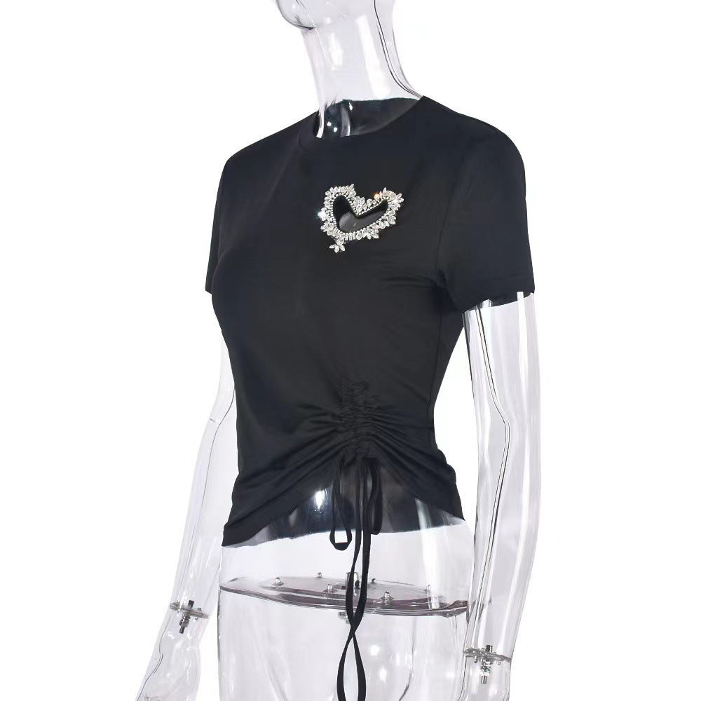 european and american export women's elegant heart-shaped rhinestone embellished irregular crew neck short sleeve t-shirt