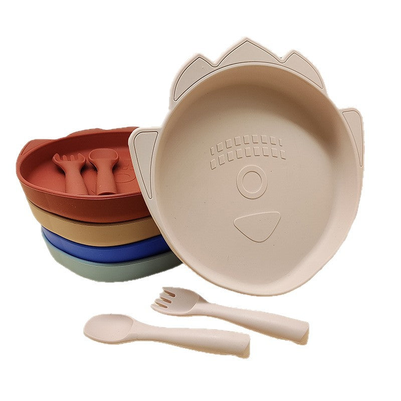 Factory wholesale baby suction cup dinner plate creative kindergarten anti-drop food grade silicone fork and spoon set silicone dinner plate