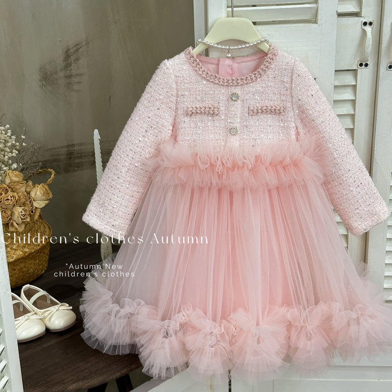 Girls' dress - new autumn  korean style chunky knit tweed princess dress - slimming mesh tulle tutu skirt
