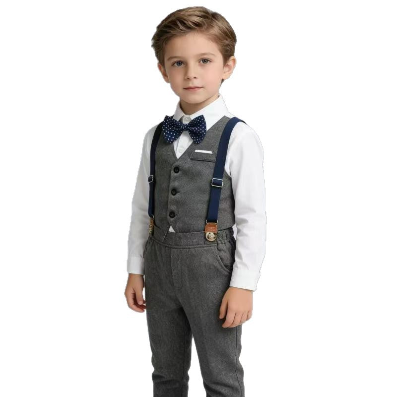 Kids' vest three-piece set: first birthday outfit with bow tie, long-sleeve shirt, and british style gentleman's dress for baby boys - autumn trend