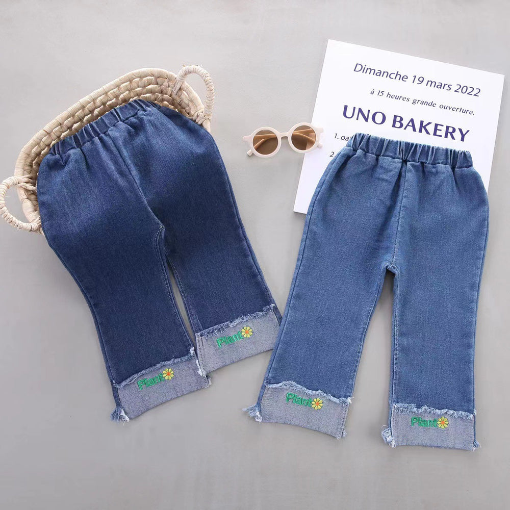 New spring embroidered kids' pants: korean style casual versatile girls' straight-leg jeans, baby wide-leg fashion trousers